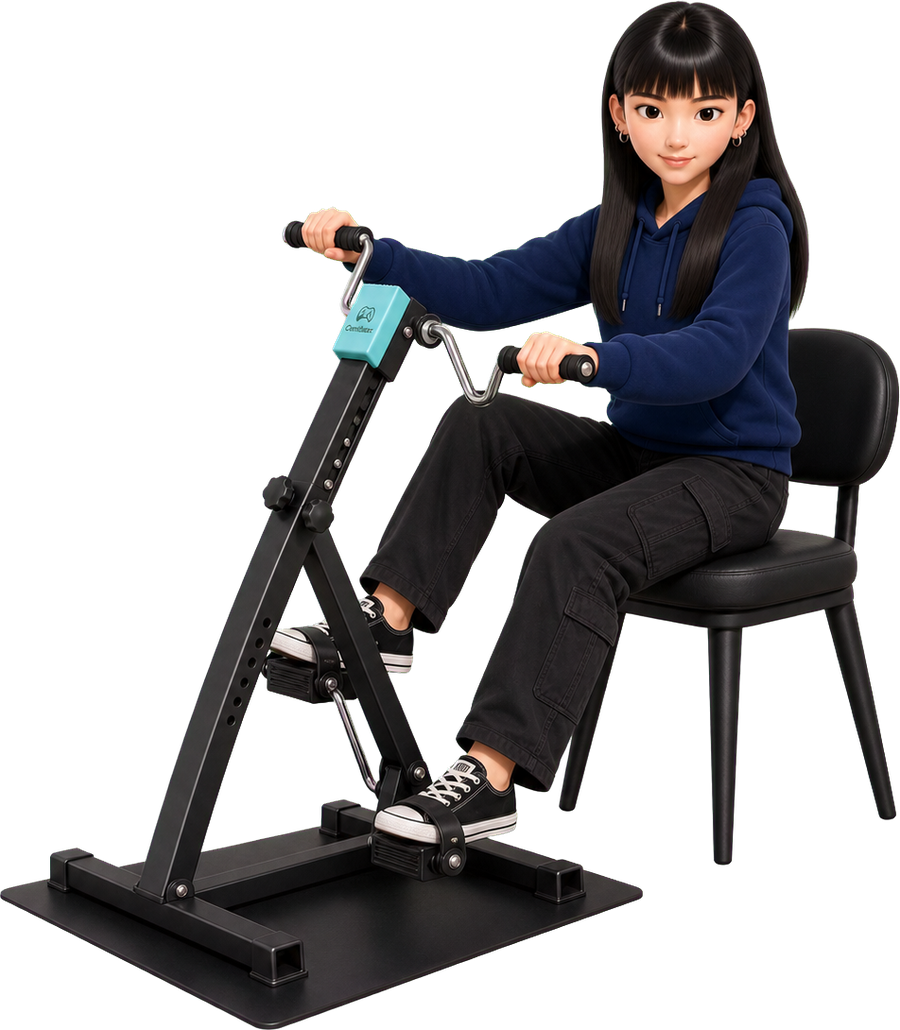 Illustrated portrait of Youzhi Hu using the 2RaceWithMe pedalling system
