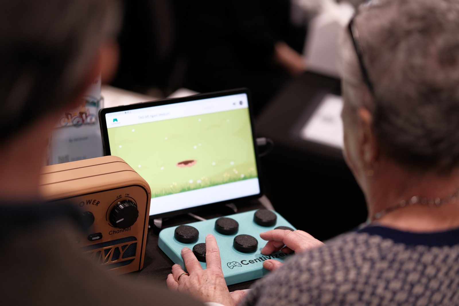 An older adult playing BrainTagger with a facilitator nearby