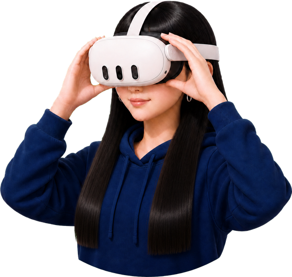 Illustrated portrait of Youzhi Hu putting on a VR headset